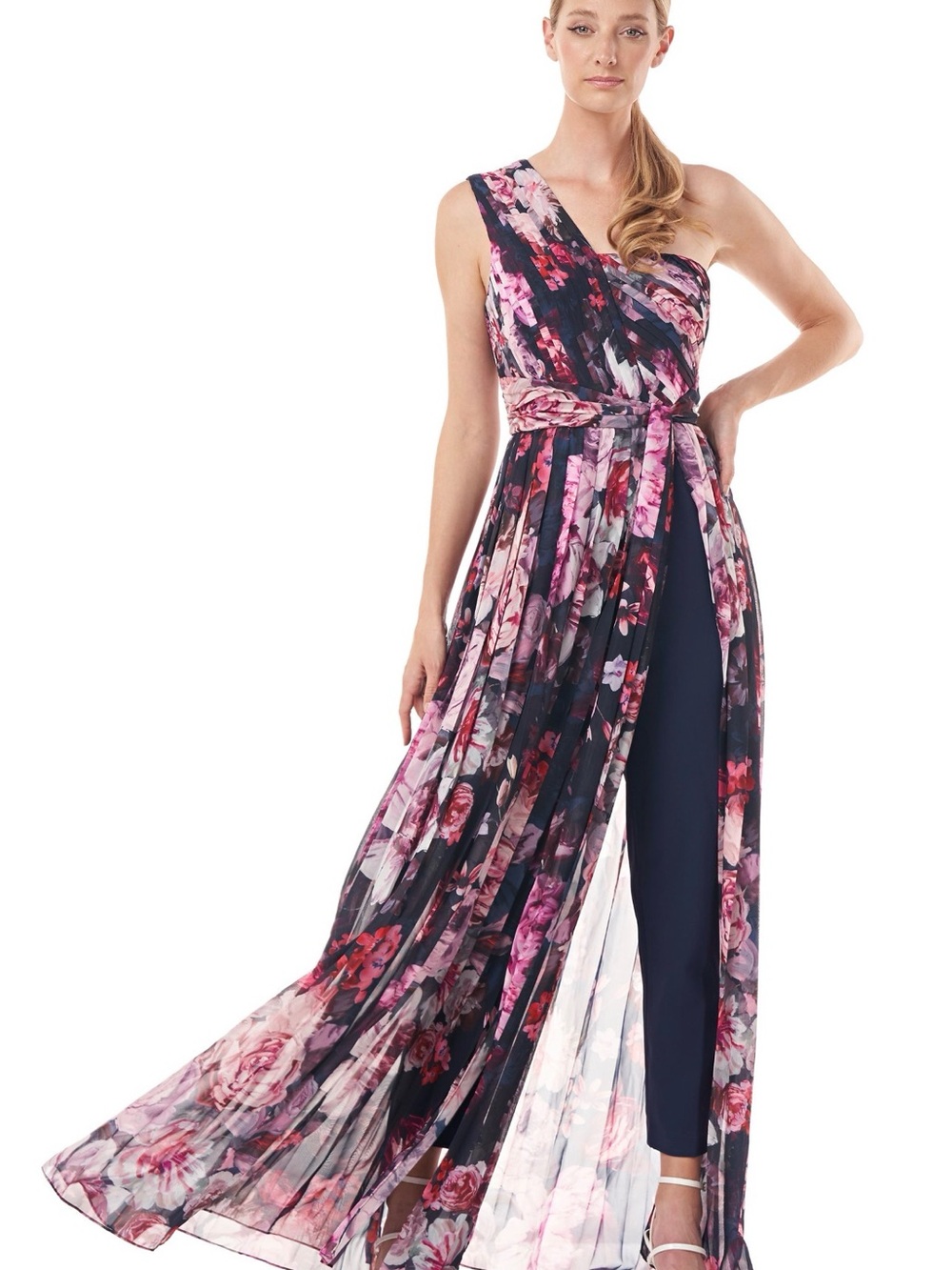 Kay Unger One-Shoulder Floral Overlay Dress in Navy and Pink 14